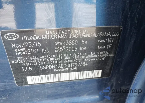 2016 Hyundai Elantra Value Edition из США, поврежденный, VIN 5NPDH4AE0GH792384